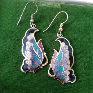 Vtg Cloisonne Butterfly Chandelier Earrings 70s Gold Tone Jewelry